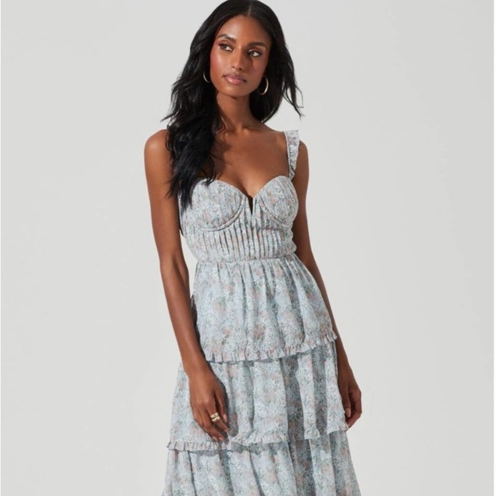 Astr Blue and White Tiered Maxi Dress with Sweetheart Neckline